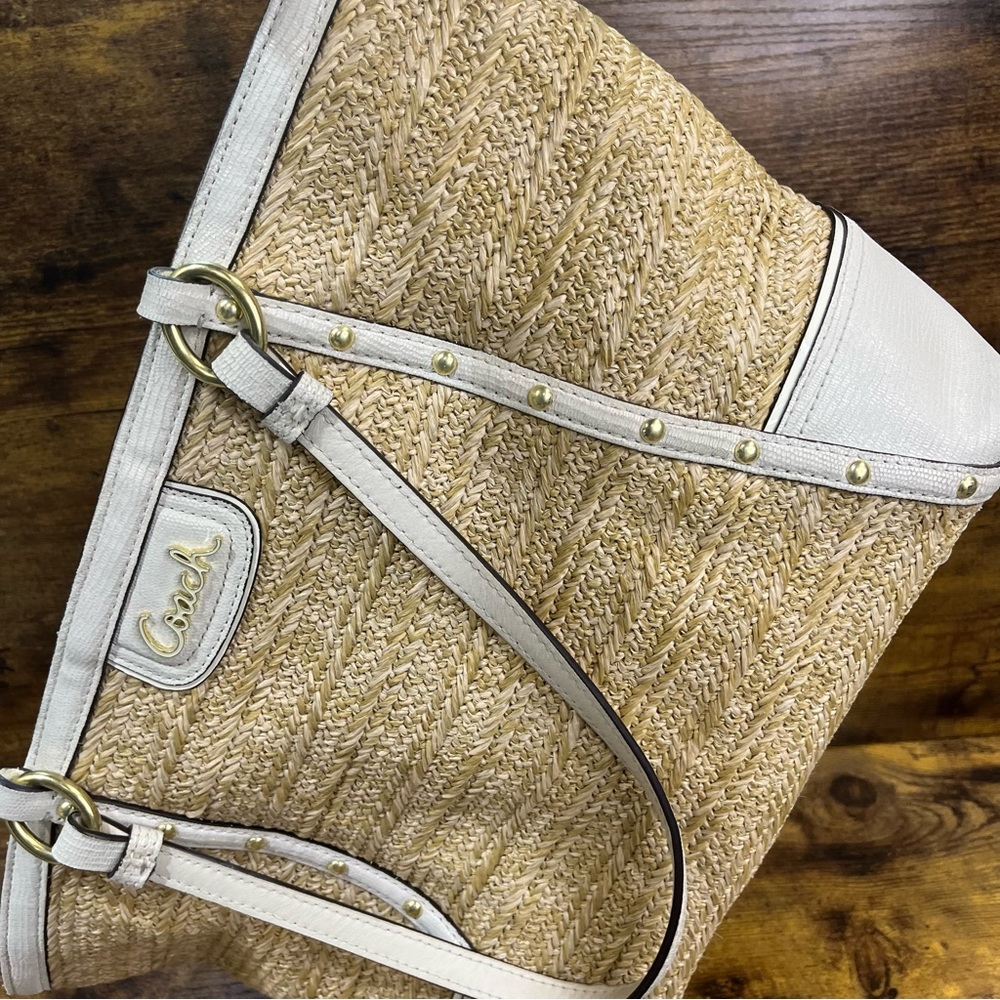COACH WICKER TOTE W/ Snake Embossed White Leather Trim